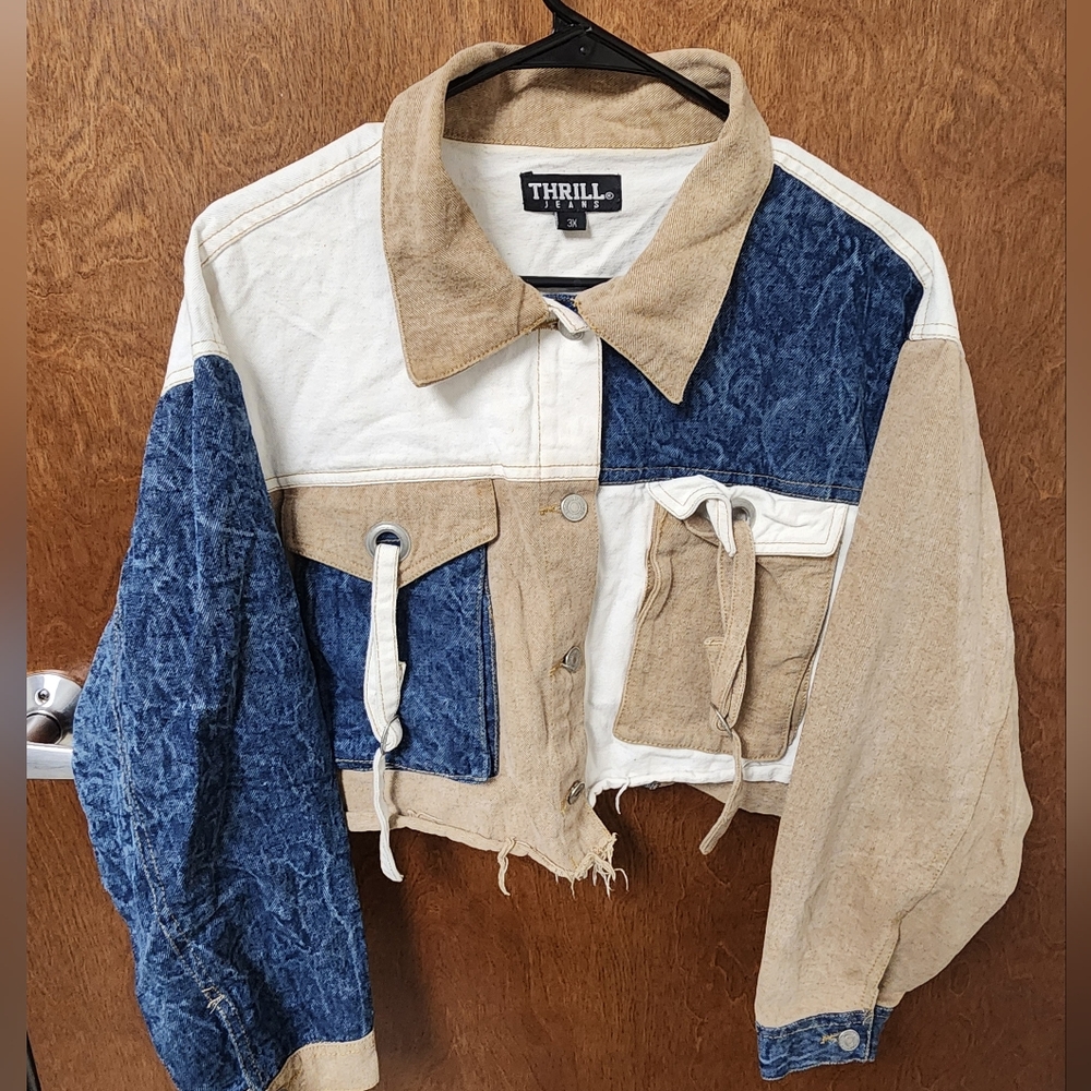 Thrill Women's Denim And Beige Patchwork Jacket - image 1